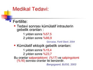 Medikal Tedavi: Fertilite: Tedavi sonrası kümülatif intrauterin gebelik oranları : 1 yıldan sonra  %57,5 2 yıldan sonra  %66,9 Gervaise, Fertil Steril, 2004 Kümülatif ektopik gebelik oranları: 1 yıldan sonra  %15,4 2 yıldan sonra  %23,7 Bu oranlar  salpenjektomi  (%17)  ve  salpingotomi (%16)  sonrası oranlar ile benzerdir. Bangsgaard, BJOG, 2003 