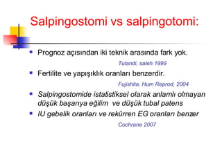 Salpingostomi   vs salpingotomi: Prognoz açısından iki teknik arasında fark yok. Tulandi, saleh 1999 Fertilite ve yapışıklık oranları benzerdir. Fujishita, Hum Reprod, 2004 Salpingostomide istatistiksel olarak anlamlı olmayan  düşük başarıya eğilim  ve düşük tubal patens IU gebelik oranları ve rekürren EG oranları benzer Cochrane 2007 