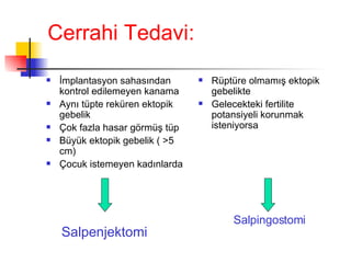 Cerrahi Tedavi: İmplantasyon sahasından kontrol edilemeyen kanama Aynı tüpte reküren ektopik gebelik Çok fazla hasar görmüş tüp Büyük ektopik gebelik (  > 5 cm) Çocuk istemeyen kadınlarda  Salpenjektomi Rüptüre olmamış ektopik gebelikte Gelecekteki fertilite potansiyeli korunmak isteniyorsa Salpingostomi 