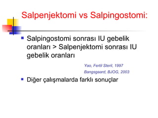 Salpenjektomi vs Salpingostomi: Salpingostomi sonrası IU gebelik oranları  >  Salpenjektomi sonrası IU gebelik oranları Yao, Fertil Steril, 1997 Bangsgaard, BJOG, 2003 Diğer çalışmalarda farklı sonuçlar 