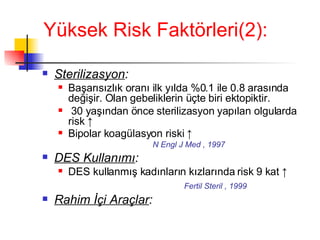Yüksek Risk Faktörleri(2): Sterilizasyon :   Başarısızlık oranı ilk yılda %0.1 ile 0.8 arasında değişir. Olan gebeliklerin üçte biri ektopiktir. 30 yaşından önce sterilizasyon yapılan olgularda risk  ↑ Bipolar koagülasyon riski  ↑     N Engl J Med , 1997 DES Kullanımı :   DES kullanmış kadınların kızlarında risk 9 kat  ↑   Fertil Steril , 1999 Rahim İçi Araçlar : 