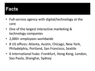 Facts

• Full-service agency with digital/technology at the
  core
• One of the largest interactive marketing &
  technology companies
• 2,000+ employees worldwide
• 8 US offices: Atlanta, Austin, Chicago, New York,
  Philadelphia, Portland, San Francisco, Seattle
• 6 International hubs: Frankfurt, Hong Kong, London,
  Sao Paulo, Shanghai, Sydney
 