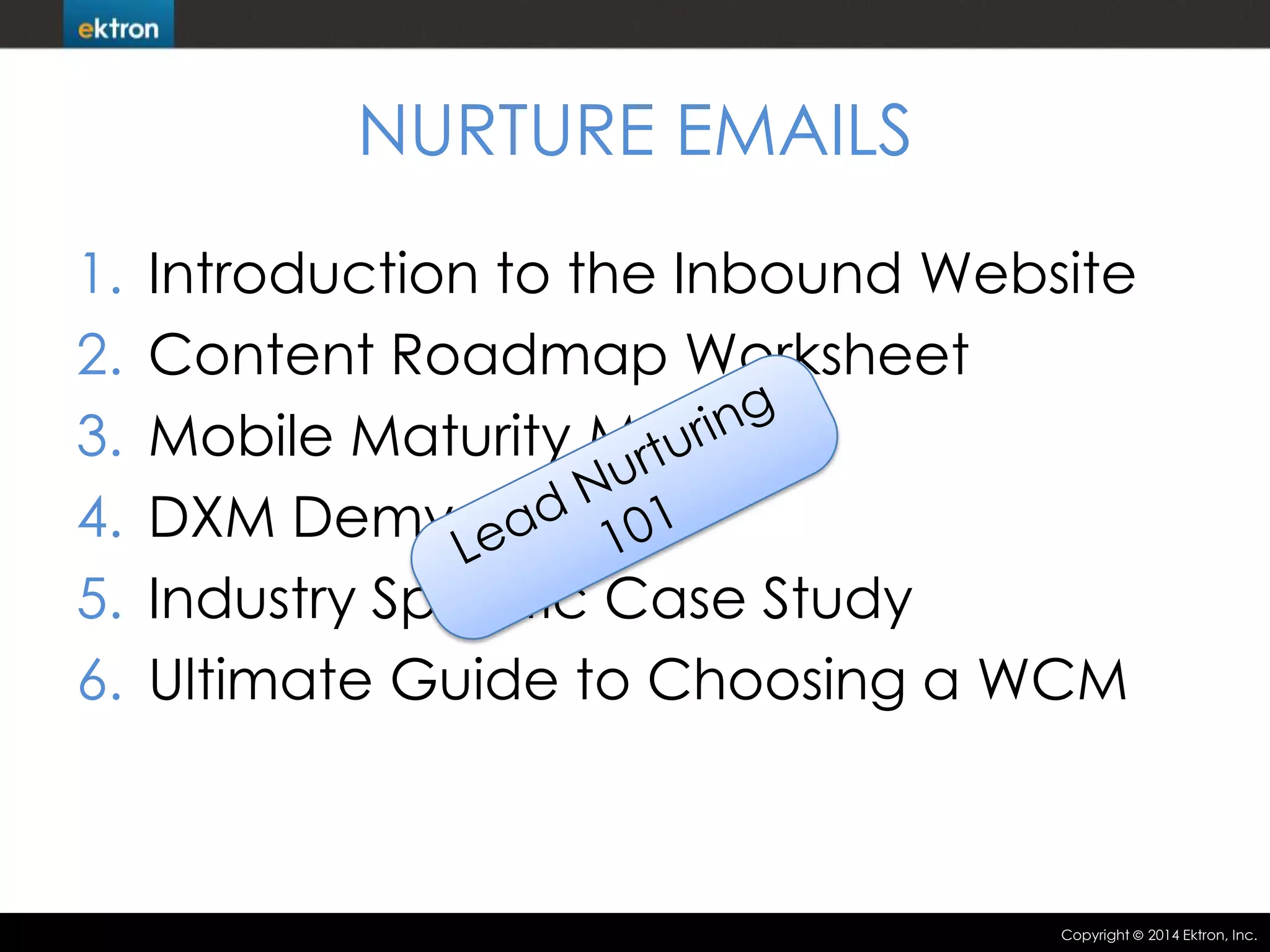 NURTURE EMAILS
1.
2.
3.
4.
5.
6.

Introduction to the Inbound Website
Content Roadmap Worksheet
Mobile Maturity Model
DXM Demystified
Industry Specific Case Study
Ultimate Guide to Choosing a WCM

Copyright

2014 Ektron, Inc.

 