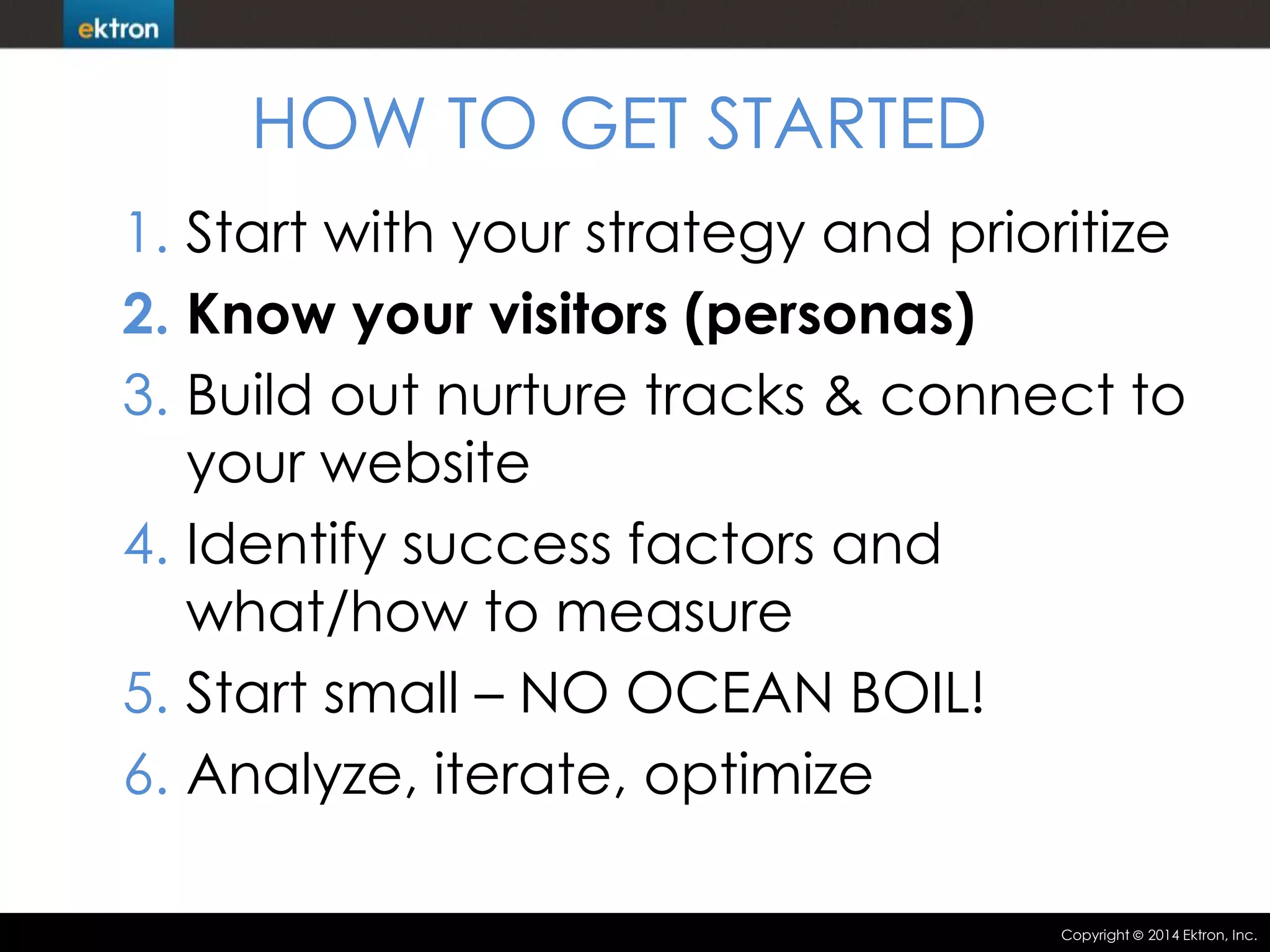 HOW TO GET STARTED
1. Start with your strategy and prioritize
2. Know your visitors (personas)
3. Build out nurture tracks & connect to
your website
4. Identify success factors and
what/how to measure
5. Start small – NO OCEAN BOIL!
6. Analyze, iterate, optimize
Copyright

2014 Ektron, Inc.

 