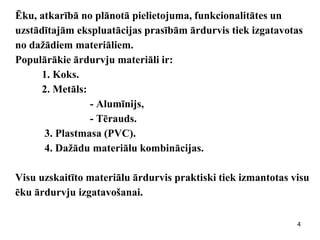 Ēku, atkarībā no plānotā pielietojuma, funkcionalitātes un uzstādītajām ekspluatācijas prasībām ārdurvis tiek izgatavotas no dažādiem materiāliem. Populārākie ārdurvju materiāli ir: 1. Koks. 2. Metāls: - Alumīnijs, - Tērauds. 3. Plastmasa (PVC). 4. Dažādu materiālu kombinācijas. Visu uzskaitīto materiālu ārdurvis praktiski tiek izmantotas visu ēku ārdurvju izgatavošanai. 
4  
