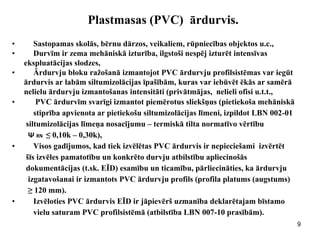 9 
Plastmasas (PVC) ārdurvis. 
•Sastopamas skolās, bērnu dārzos, veikaliem, rūpniecības objektos u.c., 
•Durvīm ir zema mehāniskā izturība, ilgstoši nespēj izturēt intensīvas 
ekspluatācijas slodzes, 
•Ārdurvju bloku ražošanā izmantojot PVC ārdurvju profilsistēmas var iegūt 
ārdurvis ar labām siltumizolācijas īpašībām, kuras var iebūvēt ēkās ar samērā 
nelielu ārdurvju izmantošanas intensitāti (privātmājas, nelieli ofisi u.t.t., 
• PVC ārdurvīm svarīgi izmantot piemērotus sliekšņus (pietiekoša mehāniskā stiprība apvienota ar pietiekošu siltumizolācijas līmeni, izpildot LBN 002-01 
siltumizolācijas līmeņa nosacījumu – termiskā tilta normatīvo vērtību 
Ψ RN ≤ 0,10k – 0,30k), 
•Visos gadījumos, kad tiek izvēlētas PVC ārdurvis ir nepieciešami izvērtēt 
šīs izvēles pamatotību un konkrēto durvju atbilstību apliecinošās 
dokumentācijas (t.sk. EĪD) esamību un ticamību, pārliecināties, ka ārdurvju 
izgatavošanai ir izmantots PVC ārdurvju profils (profila platums (augstums) 
≥ 120 mm). 
•Izvēloties PVC ārdurvis EĪD ir jāpievērš uzmanība deklarētajam bīstamo vielu saturam PVC profilsistēmā (atbilstība LBN 007-10 prasībām). 
 