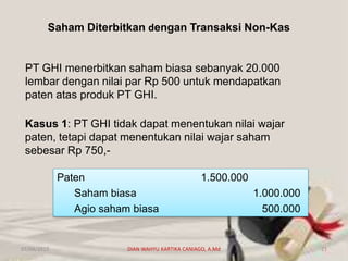 Saham Diterbitkan dengan Transaksi Non-Kas
PT GHI menerbitkan saham biasa sebanyak 20.000
lembar dengan nilai par Rp 500 untuk mendapatkan
paten atas produk PT GHI.
Kasus 1: PT GHI tidak dapat menentukan nilai wajar
paten, tetapi dapat menentukan nilai wajar saham
sebesar Rp 750,-
Paten 1.500.000
Saham biasa 1.000.000
Agio saham biasa 500.000
07/04/2019 DIAN WAHYU KARTIKA CANIAGO, A.Md 21
 
