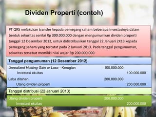 Dividen Properti (contoh)
PT QRS melakukan transfer kepada pemegang saham beberapa investasinya dalam
bentuk sekuritas senilai Rp 300.000.000 dengan mengumumkan dividen properti
tanggal 12 Desember 2012, untuk didistribusikan tanggal 22 Januari 2X13 kepada
pemegang saham yang tercatat pada 2 Januari 2013. Pada tanggal pengumuman,
sekuritas tersebut memiliki nilai wajar Rp 200.000,000.
Tanggal pengumuman (12 Desember 2012)
Unrealized Holding Gain or Loss—Kerugian 100.000.000
Investasi ekuitas 100.000.000
Laba ditahan 200.000.000
Utang dividen properti 200.000.000
Tanggal distribusi (22 Januari 2013)
Utang dividen properti 200.000.000
Investasi ekuitas 200.000.000
07/04/2019 DIAN WAHYU KARTIKA CANIAGO, A.Md 34
 