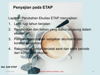 Penyajian pada ETAP
Laporan Perubahan Ekuitas ETAP menyajikan:
1. Laba rugi tahun berjalan
2. Pendapatan dan beban yang diakui langsung dalam
ekuitas
3. Pengaruh perubahan kebijakan akuntansi dan
koreksi kesalahan.
4. Rekonsiliasi jumlah tercatat awal dan akhir periode
dari komponen ekuitas.
Ref. SAK ETAP
07/04/2019 DIAN WAHYU KARTIKA CANIAGO, A.Md 44
 