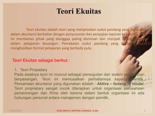 Teori Ekuitas
Teori ekuitas adalah teori yang menjelaskan sudut pandang yang digunakan
dalam akuntansi berkaitan dengan penyusunan dan penyajian laporan keuangan. Teori
ini membahas pihak yang dianggap paling dominan dan menjadi sudut pandang
dalam pelaporan keuangan. Pemakaian sudut pandang yang berbeda dapat
menghasilkan format pelaporan yang berbeda pula.
Teori Ekuitas sebagai berikut :
1. Teori Propietary
Pada awalnya teori ini muncul sebagai perwujudan dari sistem pembukuan
berpasangan. Teori ini memusatkan perhatiannya kepada pemilik.
Persamaan akuntansi yang digunakan adalah : Aktiva – hutang = modal.
Teori proprietary sangat cocok diterapkan untuk organisasi perusahaan
perseorangan dan firma oleh karena dalam bentuk organisasi ini ada
hubungan personal antara manajemen dengan pemilik.
07/04/2019 DIAN WAHYU KARTIKA CANIAGO, A.Md 6
 