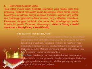 b. Teori Entitas (Kesatuan Usaha)
Teori entitas muncul untuk mengatasi kelemahan yang melekat pada teori
proprietary. Terdapat pemisahaan antara kepentingan pribadi pemilik dengan
kepentingan perusahaan. Dengan demikian, transaksi / kejadian yang dicatat
dan dipertanggungjawabkan adalah transaksi yang melibatkan perusahaan.
Perusahaan dianggap bertindak atas nama dan kepentingannya sendiri
terpisah dari pemilik. Persamaan akuntansinya : Aktiva = Hutang + Modal
atau Aktiva = Modal (Hutang + Modal Pemilik)
Ada dua versi teori Entitas, yaitu:
 Versi Tradisional, Menurut pandangan tradisional, perusahaan
beroperasi untuk pemegang ekuitas yaitu pihak yang memberi
dana bagi perusahaan. Dengan demikian, perusahaan harus
melaporkan status investasi dan konsekuensi investasi yang
dilakukan pemilik. Melihat pemegang ekuitas sebagai partner
dalam kegiatan usaha yand dijalankan.
 Versi Baru, Pandangan ini menyatakan bahwa perusahaan
beroperasi atas namanya sendiri dan berkepentingan terhadap
kelangsungan hidupnya sendiri. Melihat pemegang ekuitas
sebagai pihak di luar perusahaan.07/04/2019 DIAN WAHYU KARTIKA CANIAGO, A.Md 7
 