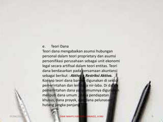 e. Teori Dana
Teori dana mengabaikan asumsi hubungan
personal dalam teori proprietary dan asumsi
personifikasi perusahaan sebagai unit ekonomi
legal secara artifisal dalam teori entitas. Teori
dana berdasarkan pada persamaan akuntansi
sebagai berikut : Aktiva = Restriksi Aktiva.
Konsep teori dana banyak digunakan di sektor
pemerintahan dan lembaga nir-laba. Di dalam
pemerintahan dana yang umumnya digunakan
meliputi dana umum , dana pendapatan
khusus, dana proyek, dan dana pelunasan
hutang jangka panjang.
07/04/2019 DIAN WAHYU KARTIKA CANIAGO, A.Md 9
 