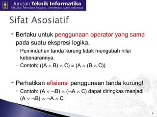  Berlaku untuk penggunaan operator yang sama 
pada suatu ekspresi logika. 
◦ Pemindahan tanda kurung tidak mengubah nilai 
kebenarannya. 
◦ Contoh: ((A Ù B) Ù C) º (A Ù (B Ù C)) 
 Perhatikan efisiensi penggunaan tanda kurung! 
◦ Contoh: (A Ú ØB) Ù (ØA Ù C) dapat diringkas menjadi 
(A Ú ØB) Ù ØA Ù C 
6 
 