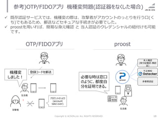 19
Copyright © ACSiON,Ltd. ALL RIGHTS RESERVED.
proost
生活者
本人確認
(身分証確認・顔認
証)
不正検知
多要素認証
必要な時は窓口
のように、都度自
分を証明できる。
参考)OTP/FIDOアプリ 機種変問題(認証器をなくした場合)
✓ 既存認証サービスでは、機種変の際は、攻撃者がアカウントのっとりを行う口(く
ち)でもあるため、郵送などセキュアな手続きが必要でした。
✓ proostを用いれば、簡易な身元確認 と 当人認証のクレデンシャルの紐付けも可能
です。
生活者
OTP/FIDOアプリ
？
機種変
しました！
登録コードを郵送
アカウントのっとり
(account
take over)
攻撃者
 