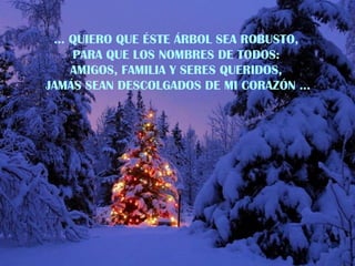 …  QUIERO QUE ÉSTE ÁRBOL SEA ROBUSTO, PARA QUE LOS NOMBRES DE TODOS:  AMIGOS, FAMILIA Y SERES QUERIDOS, JAMÁS SEAN DESCOLGADOS DE MI CORAZÓN … 