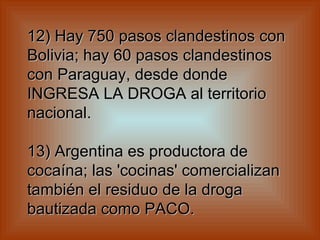 12) Hay 750 pasos clandestinos con Bolivia; hay 60 pasos clandestinos con Paraguay, desde donde INGRESA LA DROGA al territorio nacional.    13) Argentina es productora de cocaína; las 'cocinas' comercializan también el residuo de la droga bautizada como PACO.    
