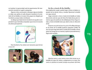 no tendrían la oportunidad real de experimentar. Mi inter-          La luz a través de las botellas
vención consistió en sugerir y preguntar.                       Otra explicación surgió cuando Hugo y Omar se habían se-
    Algunos niños comenzaron a destapar algunas botellas        parado de los demás niños y miraban fijamente la botella
y a dejar caer gotitas al suelo; después mezclaron el conte-    con agua natural.
nido de las botellas en el piso. Este grupo era dirigido por         Hugo comenzó a mirar a través de la botella en todas
Humberto, aunque todos contribuían.                             direcciones ante los ojos de Omar. No había lluvia, pero te-
    Un dibujo que había hecho Humberto me ayudó a com-          níamos agua. Eso podría ser de utilidad para Omar. Hugo mi-
prender lo que intentaba comprobar: que el arco iris necesita   raba y movía la botella hasta que alzó la vista en dirección
de colores para aparecer.                                       al Sol.
                                                                     Entonces escuché ¡el arco iris, ya lo vi! El reflejo del agua
                                                                en las líneas de la botella producía pequeños ¡brillos de
                                                                arco iris! que Hugo descubrió. Cuando dio la botella a Omar,
                                                                quien fue testigo de sus intentos, repitió el procedimiento y

                                                                                                                                     115
                                                                logró verlo también.




     Para Humberto, “los colores son necesarios para formar
el arco iris”
            .




                                                                    Mientras tanto, a unos metros, otros niños tenían ya un
                                                                batidillo de agua de colores y pegamento en el piso. ¡Por
                                                                suerte no abrieron el aceite!; aunque escucharon del éxito
 