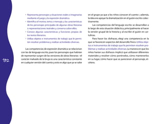 •	 Representa personajes y situaciones reales o imaginarias      en el grupo ya que a los niños conocen el cuento–; además,
             mediante el juego y la expresión dramática.                   la idea era apoyar la dramatización en el guión escrito colec-
          •	 Identifica el motivo, tema o mensaje, y las características   tivamente.
             de los personajes principales de algunas obras literarias          Las competencias del lenguaje escrito se desarrollan a
             o representaciones teatrales y conversa sobre ellos.          lo largo de esta situación didáctica, principalmente al hacer
          •	 Conoce algunas características y funciones propias de         la versión grupal de la historia y al escribir el guión en car-
             los textos literarios.                                        tulinas.
          •	 Utiliza objetos e instrumentos de trabajo que le permi-            Para hacer los disfraces, elegí una competencia en la
             ten resolver problemas y realizar actividades diversas.       que se favorecen aspectos del desarrollo físico. Utiliza obje-
                                                                           tos e instrumentos de trabajo que le permiten resolver pro-
          Las competencias de expresión dramática se relacionan            blemas y realizar actividades diversas. La manera en que los
      con las de lenguaje escrito, pues los personajes que habrían         niños harían sus disfraces implicó que utilizaran diferentes
      de representar surgen de las versiones de obras literarias –el       materiales y resolver cómo ponérselos, cómo mantenerlos

192
      carácter malvado de la bruja es una característica constante         en su lugar, cómo hacer que se parecieran al personaje, et-
      en cualquier versión del cuento y esto es algo que ya se sabe        cétera.
 
