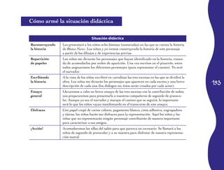 Cómo armé la situación didáctica

                                      Situación didáctica
Reconstruyendo   Les presentaré a los niños ocho láminas (numeradas) en las que se cuenta la historia
la historia      de Blanca Nieves. Los niños y yo iremos construyendo la historia de este personaje
                 a partir de los dibujos y de experiencias previas.
Repartición      Los niños me dictarán los personajes que hayan identificado en la historia, tratan­
de papeles       do de acomodarlos por orden de aparición. Una vez escritos en el pizarrón, entre
                 todos asignaremos los diferentes personajes (para representar el cuento). Yo seré
                 el narrador.
Escribiendo      A la vista de los niños escribiré en cartulinas las tres escenas en las que se dividirá la
la historia      obra. Los niños me dictarán los personajes que aparecen en cada escena y una breve
                 descripción de cada una (los diálogos no; éstos serán creados por cada actor).
                                                                                                              193
Ensayo           Llevaremos a cabo un breve ensayo de las tres escenas con la contribución de todos;
general          nos prepararemos para presentarla a nuestros compañeros de segundo de preesco­
                 lar. Aunque yo sea el narrador y marque el camino que se seguirá, lo importante
                 será lo que los niños vayan manifestando en el transcurso de este ensayo.
Disfraces        Con papel crepé de varios colores, pegamento blanco, cinta adhesiva, engrapadora
                 y tijeras, los niños harán sus disfraces para la representación. Aquí los niños y las
                 niñas que no representarán ningún personaje contribuirán de manera importante
                 para caracterizar a sus amigos.
¡Acción!         Acomodaremos las sillas del salón para que parezca un escenario. Se llamará a los
                 niños de segundo de preescolar y a su maestra para disfrutar de nuestra representa­
                 ción teatral.
 