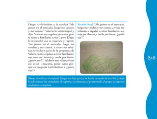 Diego: (refiriéndose a la sandia) “Me       Versión final: “Me ponen en el mercado,
ponen en el mercado, luego me venden        luego me venden y me comen, a veces me
y me comen”. Valeria lo interrumpió y       rebanan o regalan a otros familiares, soy
dijo: “a veces me regalan para otra gen-    roja por dentro y verde por fuera, ¿quién
te como a familiares o tíos”, pero Diego    soy?”
le respondió que se esperara y repitió:
“me ponen en el mercado, luego me
venden y me comen, a veces me reba-
nan (e incluye parte de la propuesta de
Valeria) o me regalan a otros familiares;
soy roja por dentro y verde por fuera,
¿quién soy?”. Al decir esta última frase
                                                                                          323
me avisó —maestra, ponle signo por-
que es pregunta (refiriéndose a ¿quién
soy?)

Nota: al realizar el copiado Diego me dijo que ya se había cansado de escribir y dejó
la adivinanza sin completar el registro, no obstante al presentarla al grupo la expresó
oralmente completa.
 