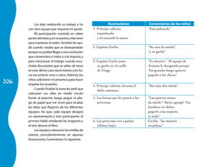 Los dejé realizando su trabajo y fui                 Ilustraciones            Comentarios de los niños
      con otro equipo que requería mi ayuda.         1. Príncipe valiente,               “Está peleando”
           Mi participación consistió en releer         empuñando
      partes del texto y, en ocasiones, intervenir      y levantando la mano.
      para mantener el orden. También les ayu-
      dé cuando notaba que se desesperaban           2. Capitán Garfio.                  “Su cara da miedo”,
      porque no podían llegar a una conclusión                                           “y su garfio”
      que convenciera a todos o a la mayoría, y
      para reencauzar el trabajo cuando escu-        3. Capitán Garfio pone              “Es abusivo”. Al equipo de
      chaba discusiones que se salían de tono;          su garfio en el cuello           Arianna le desagrada porque
      en este último caso oía el motivo y les ha-       de Gingy.                        “los grandes luego quieren
      cía escucharse unos a otros. Además, los                                           pegarle a los chicos”

336
      niños solicitaron mi presencia para hacer
      respetar los acuerdos.                         4. Príncipe valiente, levanta el    “Sus ojos dan miedo”
           Cuando finalizó la tarea les pedí que        dedo, amenaza.
      colocaran sus sillas en medio círcu­o     l
      frente al pizarrón, luego pegué el plie-       5. Las lanzas que les ponen a las   “Las quieren matar,
      go de papel que me sirvió para recabar            princesas.                       da miedo”. Sarita agregó: “los
      las ideas que fluyeron de los diferentes                                           hombres no deben
      equipos. Así que, cada equipo designó                                              pegarle a las mujeres,
      un representante y otro participante: el                                           es malo”
      primero habló señalando las imágenes y         6. Las princesas van a pelear       Cecilia, “las mujeres
      el otro detuvo el libro.                          (última hoja).                   no pelean”
           Los equipos colocaron las cintillas de
      colores, coincidentemente, en algunas
      ilustraciones. Comentaron lo siguiente:
 