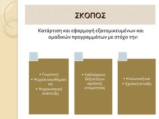 ΣΚΟΠΟΣ
Κατάρτιση και εφαρμογή εξατομικευμένων και
ομαδικών προγραμμάτων με στόχο την:

 