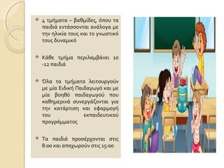 

4 τμήματα – βαθμίδες, όπου τα
παιδιά εντάσσονται ανάλογα με
την ηλικία τους και το γνωστικό
τους δυναμικό



Κάθε τμήμα περιλαμβάνει 10
-12 παιδιά



Όλα τα τμήματα λειτουργούν
με μία Ειδική Παιδαγωγό και με
μία βοηθό παιδαγωγού που
καθημερινά συνεργάζονται για
την κατάρτιση και εφαρμογή
του
εκπαιδευτικού
προγράμματος



Τα παιδιά προσέρχονται στις
8:00 και αποχωρούν στις 15:00

 