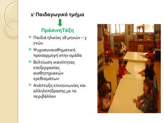 1ο Παιδαγωγικό τμήμα
ΠράσινηΤάξη






Παιδιά ηλικίας 18 μηνών – 3
ετών
Ψυχοσυναισθηματική
προσαρμογή στην ομάδα
Βελτίωση ικανότητας
επεξεργασίας
αισθητηριακών
ερεθισμάτων
Ανάπτυξη επικοινωνίας και
αλληλεπίδρασης με το
περιβάλλον

 