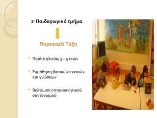 2ο Παιδαγωγικό τμήμα

Πορτοκαλί Τάξη


Παιδιά ηλικίας 3 – 5 ετών



Εκμάθηση βασικών εννοιών
και γνώσεων



Βελτίωση οπτικοκινητικού
συντονισμού

 