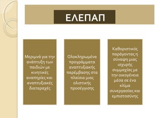 ΕΛΕΠΑΠ

Μεριμνά για την
ανάπτυξη των
παιδιών με
κινητικές
αναπηρίες και
αναπτυξιακές
διαταραχές

Ολοκληρωμένα
προγράμματα
αναπτυξιακής
παρέμβασης στα
πλαίσια μιας
ολιστικής
προσέγγισης

Καθοριστικός
παράγοντας η
σύναψη μιας
ισχυρής
συμμαχίας με
την οικογένεια
μέσα σε ένα
κλίμα
συνεργασίας και
εμπιστοσύνης

 
