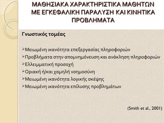 ΜΑΘΗΣΙΑΚΑ ΧΑΡΑΚΤΗΡΙΣΤΙΚΑ ΜΑΘΗΤΩΝ
ΜΕ ΕΓΚΕΦΑΛΙΚΗ ΠΑΡΑΛΥΣΗ ΚΑΙ ΚΙΝΗΤΙΚΑ
ΠΡΟΒΛΗΜΑΤΑ
Γνωστικός τομέας
Μειωμένη ικανότητα επεξεργασίας πληροφοριών
Προβλήματα στην απομνημόνευση και ανάκληση πληροφοριών
Ελλειμματική προσοχή
Οριακή ή/και χαμηλή νοημοσύνη
Μειωμένη ικανότητα λογικής σκέψης
Μειωμένη ικανότητα επίλυσης προβλημάτων

(Smith et al., 2001)

 