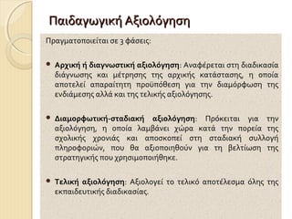 Παιδαγωγική Αξιολόγηση
Πραγματοποιείται σε 3 φάσεις:


Αρχική ή διαγνωστική αξιολόγηση: Αναφέρεται στη διαδικασία
διάγνωσης και μέτρησης της αρχικής κατάστασης, η οποία
αποτελεί απαραίτητη προϋπόθεση για την διαμόρφωση της
ενδιάμεσης αλλά και της τελικής αξιολόγησης.



Διαμορφωτική-σταδιακή αξιολόγηση: Πρόκειται για την
αξιολόγηση, η οποία λαμβάνει χώρα κατά την πορεία της
σχολικής χρονιάς και αποσκοπεί στη σταδιακή συλλογή
πληροφοριών, που θα αξιοποιηθούν για τη βελτίωση της
στρατηγικής που χρησιμοποιήθηκε.



Τελική αξιολόγηση: Αξιολογεί το τελικό αποτέλεσμα όλης της
εκπαιδευτικής διαδικασίας.

 