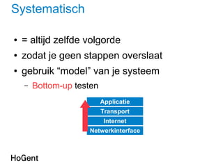 Systematisch
● = altijd zelfde volgorde
● zodat je geen stappen overslaat
● gebruik “model” van je systeem
– Bottom-up testen
Applicatie
Transport
Internet
Netwerkinterface
 