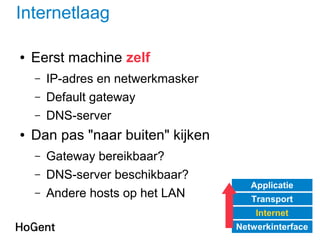 Internetlaag
● Eerst machine zelf
– IP-adres en netwerkmasker
– Default gateway
– DNS-server
● Dan pas "naar buiten" kijken
– Gateway bereikbaar?
– DNS-server beschikbaar?
– Andere hosts op het LAN
Applicatie
Transport
Internet
Netwerkinterface
 