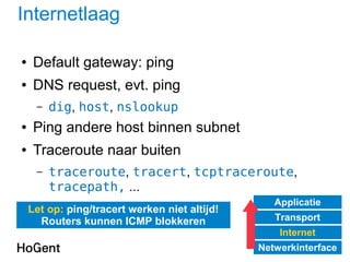 Internetlaag
● Default gateway: ping
● DNS request, evt. ping
– dig, host, nslookup
● Ping andere host binnen subnet
● Traceroute naar buiten
– traceroute, tracert, tcptraceroute,
tracepath, ...
Let op: ping/tracert werken niet altijd!
Routers kunnen ICMP blokkeren
Applicatie
Transport
Internet
Netwerkinterface
 
