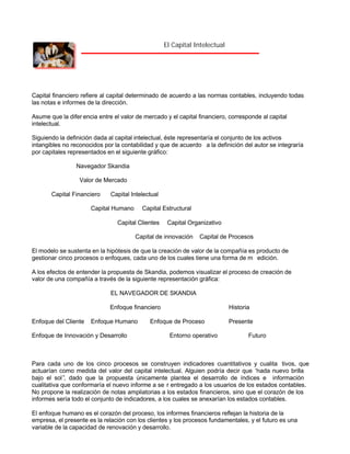 El Capital Intelectual

Capital financiero refiere al capital determinado de acuerdo a las normas contables, incluyendo todas
las notas e informes de la dirección.
Asume que la difer encia entre el valor de mercado y el capital financiero, corresponde al capital
intelectual.
Siguiendo la definición dada al capital intelectual, éste representaría el conjunto de los activos
intangibles no reconocidos por la contabilidad y que de acuerdo a la definición del autor se integraría
por capitales representados en el siguiente gráfico:
Navegador Skandia
Valor de Mercado
Capital Financiero

Capital Intelectual

Capital Humano

Capital Estructural

Capital Clientes

Capital Organizativo

Capital de innovación

Capital de Procesos

El modelo se sustenta en la hipótesis de que la creación de valor de la compañía es producto de
gestionar cinco procesos o enfoques, cada uno de los cuales tiene una forma de m edición.
A los efectos de entender la propuesta de Skandia, podemos visualizar el proceso de creación de
valor de una compañía a través de la siguiente representación gráfica:
EL NAVEGADOR DE SKANDIA
Enfoque financiero
Enfoque del Cliente

Enfoque Humano

Enfoque de Innovación y Desarrollo

Historia

Enfoque de Proceso
Entorno operativo

Presente
Futuro

Para cada uno de los cinco procesos se construyen indicadores cuantitativos y cualita tivos, que
actuarían como medida del valor del capital intelectual. Alguien podría decir que “
nada nuevo brilla
bajo el sol” dado que la propuesta únicamente plantea el desarrollo de índices e información
,
cualitativa que conformaría el nuevo informe a se r entregado a los usuarios de los estados contables.
No propone la realización de notas ampliatorias a los estados financieros, sino que el corazón de los
informes sería todo el conjunto de indicadores, a los cuales se anexarían los estados contables.
El enfoque humano es el corazón del proceso, los informes financieros reflejan la historia de la
empresa, el presente es la relación con los clientes y los procesos fundamentales, y el futuro es una
variable de la capacidad de renovación y desarrollo.

 