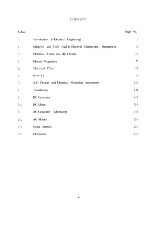 va
CONTENT
Sl.No. Page No.
1. Introduction of Electrical Engineering 1
2. Materials and Tools Used in Electrical Engineering Department 10
3. Electrical Terms and DC Circuits 20
4. Electro Magnetism 71
5. Electrical Effect 84
6. Batteries 92
7. A.C. Circuits and Electrical Measuring Instruments 109
8. Transformer 151
9. DC Generator 168
10. DC Motor 184
11. AC Generator (Alternator) 193
12. AC Motors 206
13. Motor Starters 226
14. Electronics 233
 