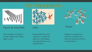 Rol interpersonal.
Jefe simbólico, se dedica a
cumplir deberes de índole
legal o social.
Responsable de reunir
capacitar y cumplir los
deberes y actividades
correspondientes a los
subordinados.
Trabaja con organismos
externos, mantiene una
rede de contactos externos
e informadores.
Figura de autoridad Líder Enlace
 