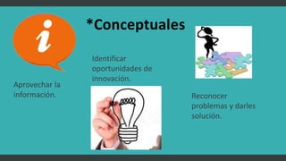 Aprovechar la
información.
Identificar
oportunidades de
innovación.
Reconocer
problemas y darles
solución.
*Conceptuales
 