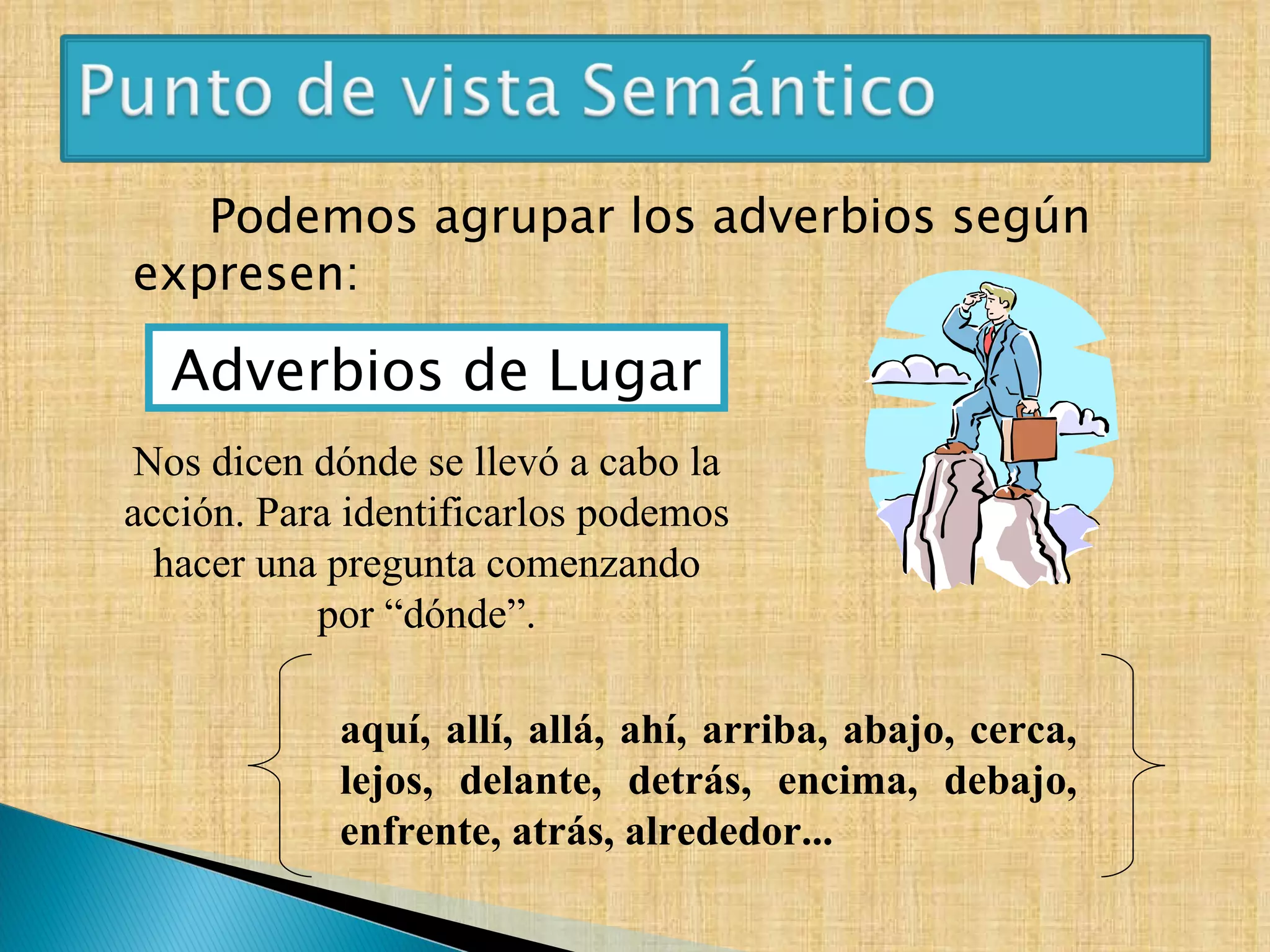 Podemos agrupar los adverbios según expresen: Adverbios de Lugar aquí, allí, allá, ahí, arriba, abajo, cerca, lejos, delante,  detrás , encima, debajo, enfrente, atrás, alrededor... Nos dicen dónde se llevó a cabo la acción. Para identificarlos podemos hacer una pregunta comenzando por “dónde”. 