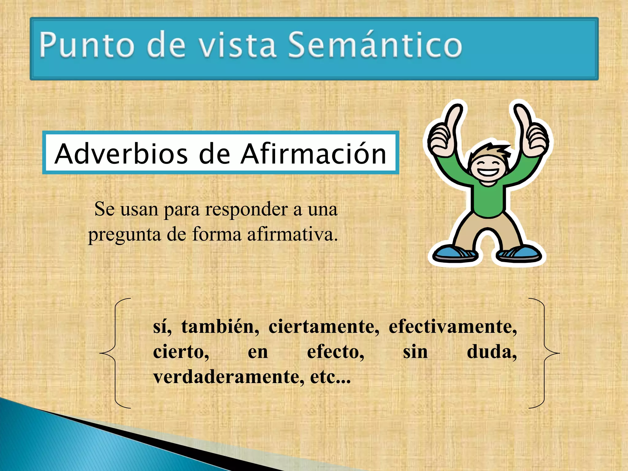 Adverbios de Afirmación sí, también, ciertamente, efectivamente, cierto, en efecto, sin duda, verdaderamente, etc...   Se usan para responder a una pregunta de forma afirmativa.  