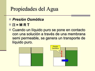Propiedades del Agua Presión Osmótica    = M R T Cuando un líquido puro se pone en contacto con una solución a través de una membrana semi permeable, se genera un transporte de líquido puro. Presión Osmótica 