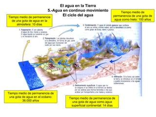 El agua en la Tierra 5.-Agua en continuo movimiento El ciclo del agua Tiempo medio de permanencia de una gota de agua en la atmósfera: 10 días Tiempo medio de permanencia de una gota de agua como hielo: 100 años Tiempo medio de permanencia de una gota de agua como agua superficial continental: 14 días Tiempo medio de permanencia de una gota de agua en el océano: 36.000 años 