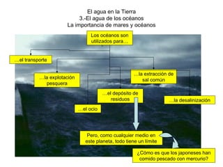 El agua en la Tierra 3.-El agua de los océanos La importancia de mares y océanos … la explotación pesquera Los océanos son utilizados para… … el transporte … la extracción de sal común … el ocio … la desalinización Pero, como cualquier medio en este planeta, todo tiene un límite … el depósito de residuos ¿Cómo es que los japoneses han comido pescado con mercurio? 