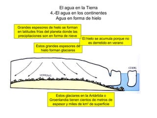 El agua en la Tierra 4.-El agua en los continentes Agua en forma de hielo Estos glaciares en la Antártida o Groenlandia tienen cientos de metros de espesor y miles de km 2  de superficie Estos grandes espesores de hielo forman glaciares El hielo se acumula porque no es derretido en verano Grandes espesores de hielo se forman en latitudes frías del planeta donde las precipitaciones son en forma de nieve 