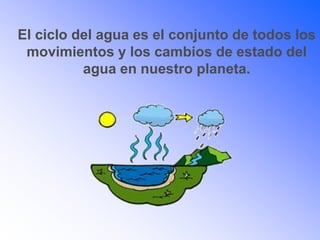 El ciclo del agua es el conjunto de todos los
movimientos y los cambios de estado del
agua en nuestro planeta.
 