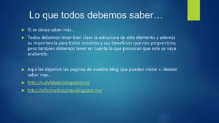 Lo que todos debemos saber…
 Si se desea saber más…
 Todos debemos tener bien claro la estructura de este elemento y además
su importancia para todos nosotros y sus beneficios que nos proporciona,
pero también debemos tener en cuenta lo que provocan que este se vaya
acabando.
 Aquí les dejamos las paginas de nuestro blog que pueden visitar si desean
saber mas...
 http://rudyfabian.blogspot.mx/
 http://informaticpumas.blogspot.mx/
 