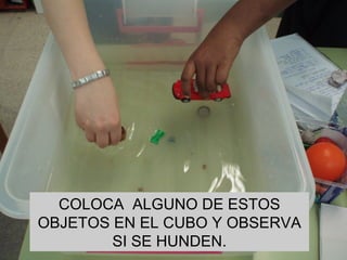 COLOCA  ALGUNO DE ESTOS OBJETOS EN EL CUBO Y OBSERVA SI SE HUNDEN. 