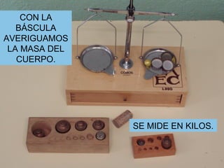 CON LA BÁSCULA AVERIGUAMOS LA MASA DEL CUERPO. SE MIDE EN KILOS.  
