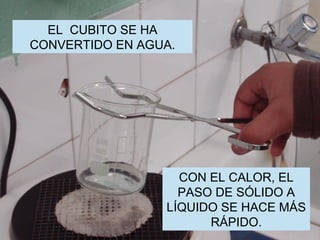 EL  CUBITO SE HA CONVERTIDO EN AGUA. CON EL CALOR, EL PASO DE SÓLIDO A LÍQUIDO SE HACE MÁS RÁPIDO. 